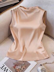 优雅缎面无袖上衣，肩部饰有珍珠，精致百搭，适合约会、工作和聚会等场合。 - 杏色 - 查看 1
