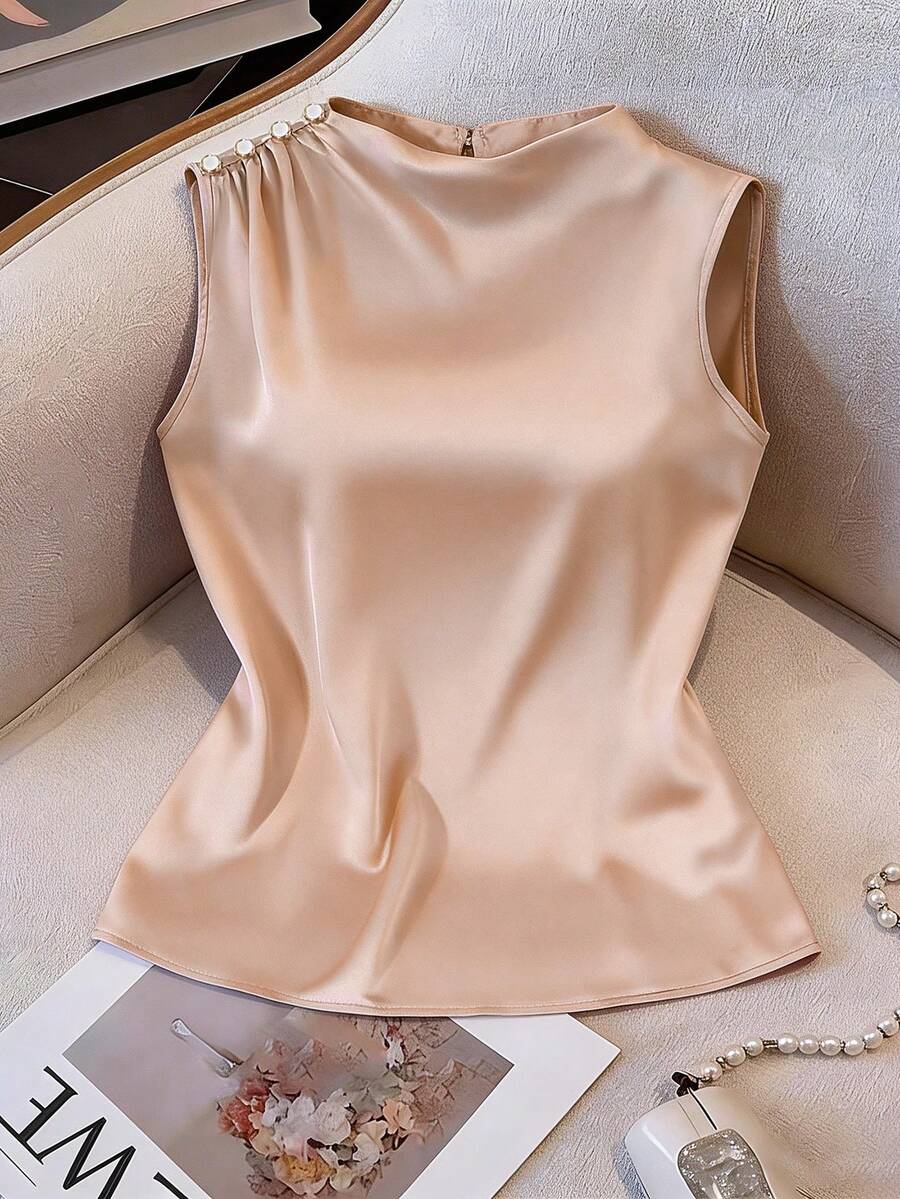 优雅缎面无袖上衣，肩部饰有珍珠，精致百搭，适合约会、工作和聚会等场合。 - 杏色 - 查看 1