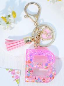1pc Pink Letter Keychain Resin Drip Glue Butterfly Heart Pendant, Cute Gift For Women Bag/Key Chain - Baby Pink - View 5