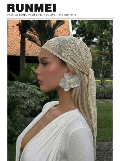 Lenço de cabeça feminino elegante em renda floral de cor sólida (1 peça), estilo boêmio luxuoso, ideal para uso diário, casamentos, igrejas, ocasiões formais, férias de verão na praia e feriados.