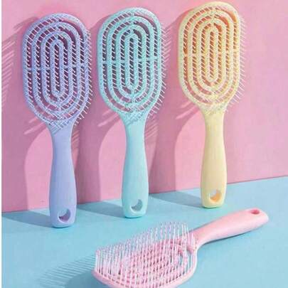 1 pieza Peine de mango largo color rosa, diseñado para mujeres, con patrón de rayas huecas, antiestático, para uso en seco y húmedo, ayuda a aumentar el volumen del cabello, se puede usar como herramienta de peinado y accesorio rosa. Peine rizado, herramienta de peinado, diseño de malla, antiestático, fácil de peinar incluso cuando está mojado.