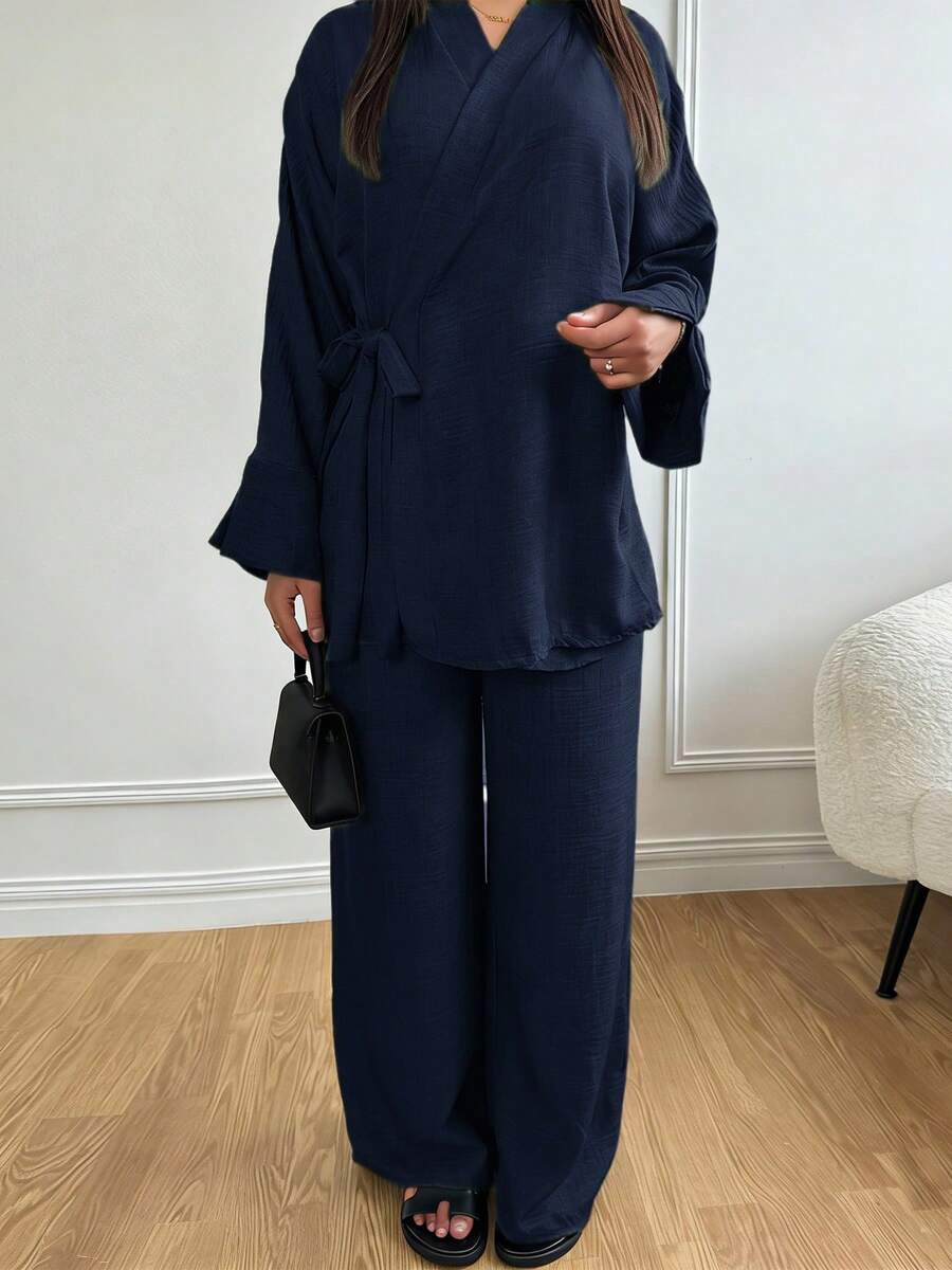 女士中东风系带长袖上衣和阔腿宽松舒适休闲裤两件套 - 寶藍色 - 查看 1
