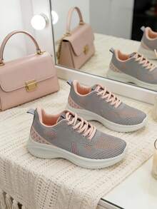 1 đôi giày thể thao nữ đế bằng thoáng khí bằng lưới, giày chạy bộ ngoài trời buộc dây, giày thể thao cổ thấp nhẹ, giày chạy bộ thoáng khí đế mềm chống trượt nhẹ, giày thể thao thường ngày, du lịch, tennis. - Hồng - Xem 4