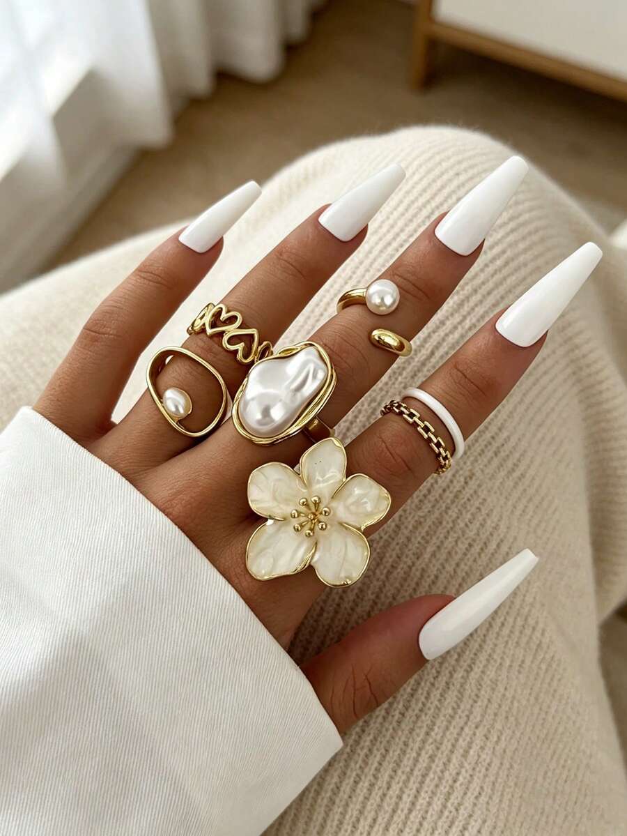 5pcs Handmade Enamel Drip Oil Five-Petal Flower Ring Set, Delicate Luxurious Baroque Pearl Rings For Women - Gold - View 1