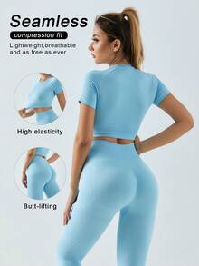 2pcs/Set Women Seamless Minimalist Solid Color Sports Set, Including Short Sleeve Top And Leggings, Comfortable Breathable, Suitable For Workout, Yoga, Fitness, Running, Outdoor And Daily Wear - Baby Blue - View 1