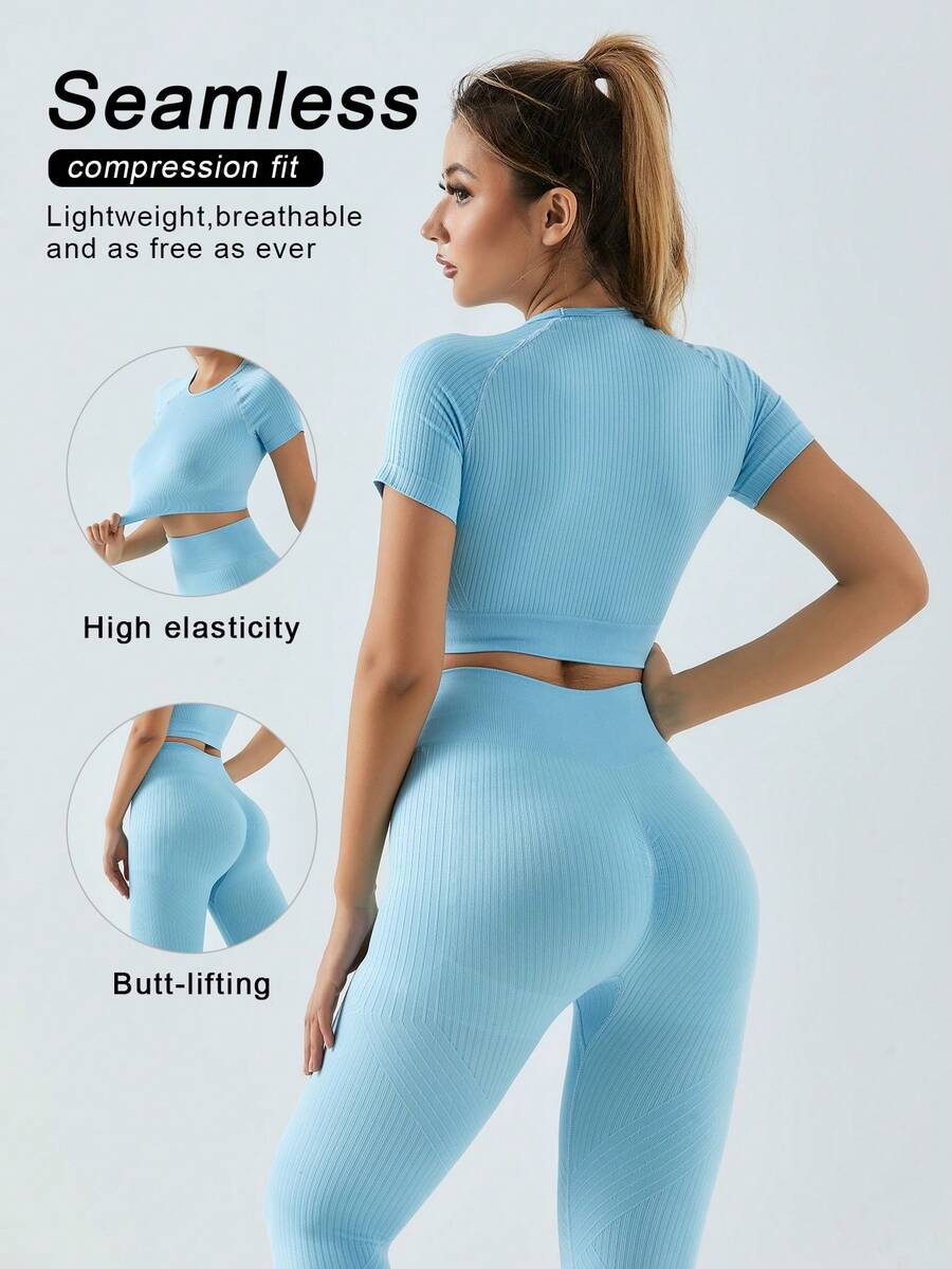 2pcs/Set Women Seamless Minimalist Solid Color Sports Set, Including Short Sleeve Top And Leggings, Comfortable Breathable, Suitable For Workout, Yoga, Fitness, Running, Outdoor And Daily Wear - Baby Blue - View 1