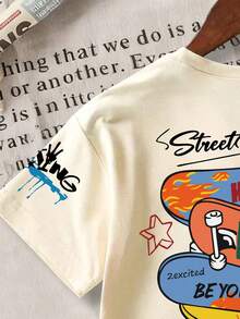 Young Boy Cartoon Print Short Sleeve T-Shirt - Apricot - View 5