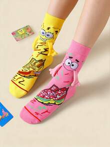 SpongeBob SquarePants SquarePants 1/2 Pairs Cute Cartoon Collaboration Hand In Hand Magnetic Socks Paired With Pink Starfish Yellow SquarePants Cartoon Fun Sweat Absorbing Breathable Unique Design Multi Scene Dating Best Friends Daily Dressing - Multicolor - View 7