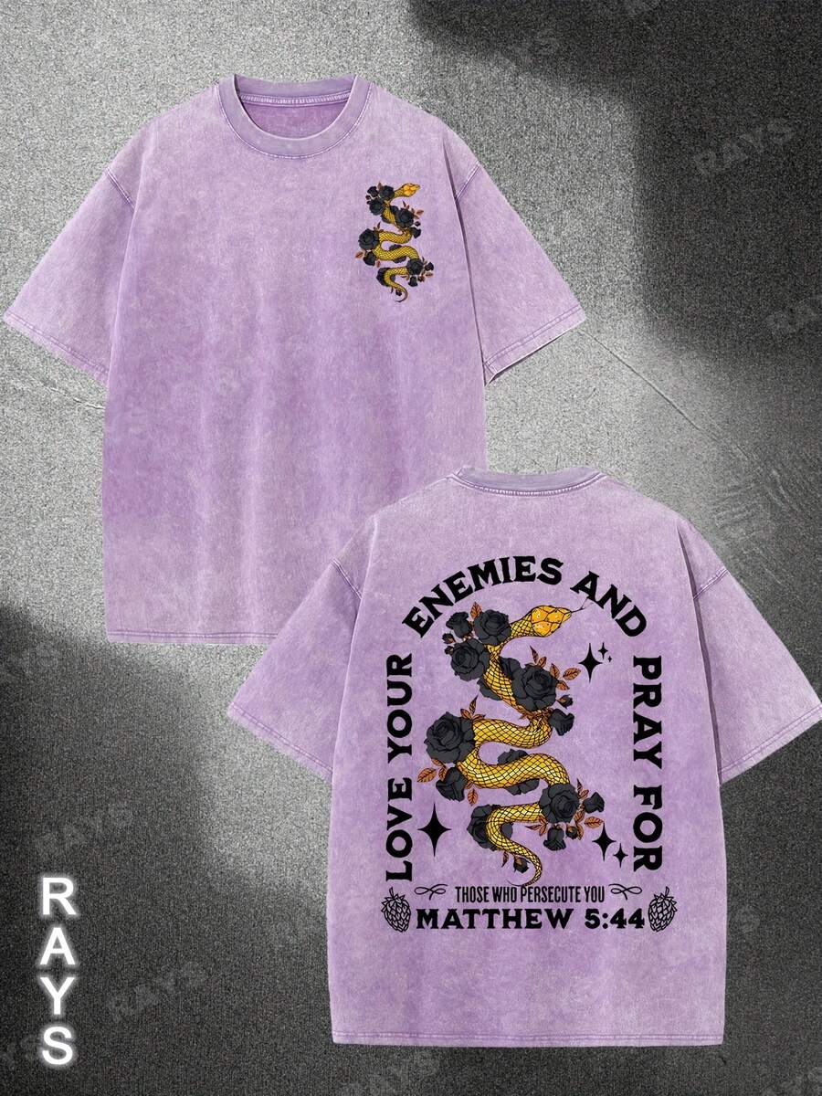 Summer Outfits For WomenMen's 230g Washed Cotton T-Shirt - Streetwear Graphic Tee With "Enemies & Pray" Back Print & Matthew 5:44 Scripture, 100% Cotton Drop Shoulder Short Sleeve, Light Grey Summer Casual Shirt For Travel & SportsLoose And Comfortablesummer Clothes - Tím - Xem 1