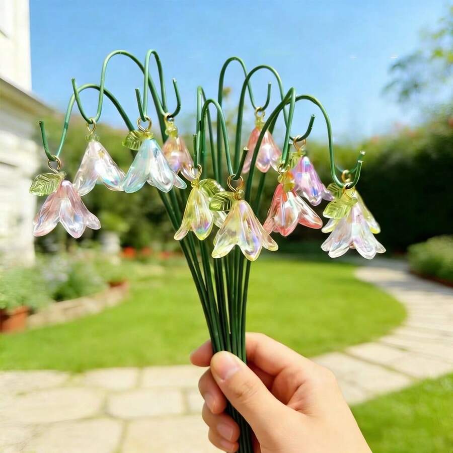 10pcs Artificial Lily Of The Valley Gardening Decor Set, Mini Garden Stump Set, Outdoor Potted Plants And Decor Landscape, Succulent Bonsai Decor And Mini Bonsai Model, Yard, Garden, Planter Decor, Includes 10 Lily Of The Valley Pendants And 10 Support Rods - Multicolor - View 1
