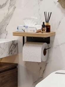 1pc Wall Mounted Toilet Paper Holder With Wooden Shelf, No Drilling Bathroom Tissue Roll Dispenser With Storage Shelf For Phone, Watch, Cosmetics, Space Saving Bathroom Organizer For Small Bathroom, RV, Washroom, Easy To Install - Multicolor - View 7