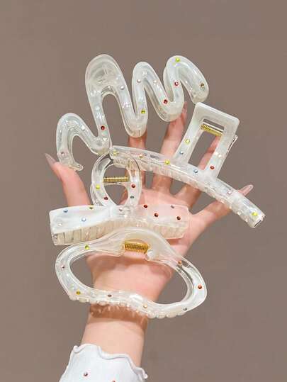4pcs/Set Women's Transparent Crystal Wavy Hair Clips, Large Hair Claw, Fashion Versatile Elegant Minimalist Hair Accessories Suitable For Daily, Casual, Party, Beach, Vacation, Hairstyling, Washing Hair, Makeup, Outfit Accessories, Spring, Summer, Autumn, Winter