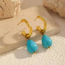 A Pair Of Stainless Steel Earrings, Unique And Non-Fading, With Turquoise Titanium Steel Accents, Offering A Light Luxury And High-End Feel - YHTSE-251006 - 查看 3