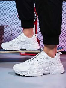 ​ Men's White Sports Shoes Breathable Mesh Running Sneakers With Thick EVA Sole Cushioned Comfort Casual Walking Shoes - 白色 - 查看 2