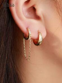 Hihho 2 Pairs Luxury Chain Tassel Hoop Earrings & Wide Minimalist Earrings Set, Dual-Wear Design, Chic And Elegant For Party, Work And More Occasions - Earrings Set - View 2