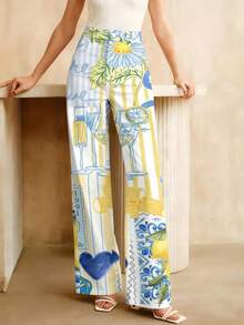 2026New Arrivals For European & American Spring, Summer And AutumnFloral And Lemon Pattern Women's Gradient Washed High-Waisted DesignPositano Italy Theme Summer Beachwear Gift For HerSuitable For All Seasons,Machine Washable,Loose Denim Wide Leg PantsHigh-Waisted Wide-Leg Design - 白色 - 查看 5