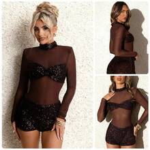 Spring And Summer New Women's Fashion Sexy Sequined Jumpsuit With High Neck, Mesh Long Sleeves, And Bustier Sequin Shorts Party Dress Set - Dark Brown - View 2