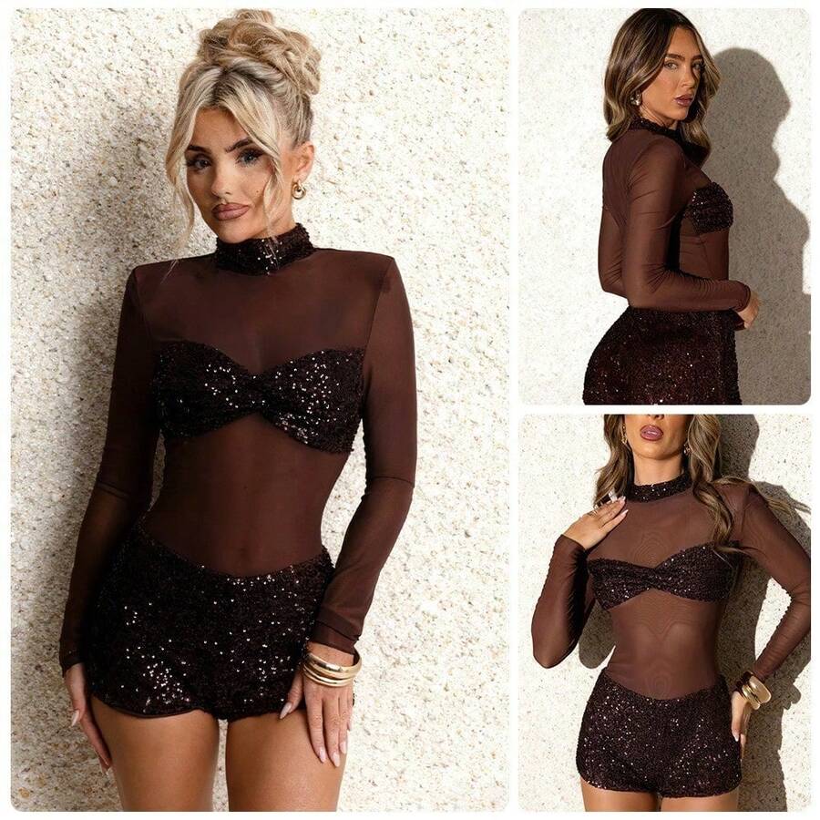 Spring And Summer New Women's Fashion Sexy Sequined Jumpsuit With High Neck, Mesh Long Sleeves, And Bustier Sequin Shorts Party Dress Set - 深棕色 - 查看 1