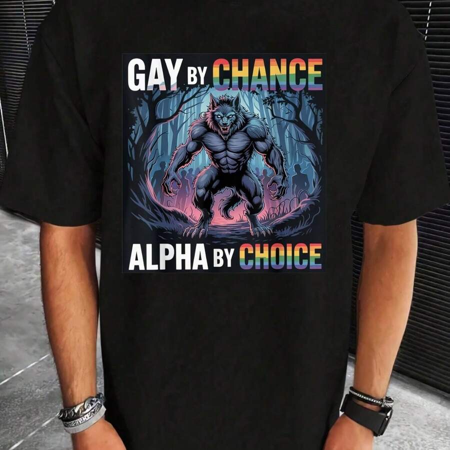 [Funny T-Shirt] Funny Alpha Wolf Meme LGBT T-Shirt Men's Pure Cotton 180g  Positioning Printed - Black - View 1