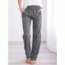 Women Cotton Linen Drawstring Pants Elastic Waist Casual Solid Color Trousers Baggy Loose Straight Leg Breathable Sweatpants - Hải quân - Xem 7