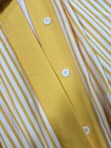 Spring/Summer New Fashion Women's Colorful Striped Shirt Dress, Casual Versatile Style Suitable For Daily Outing And Vacation, Contrast Color Front Button Detail, A-Line Flared Skirt, Yellow Long Dress Elegant - Yellow - View 8