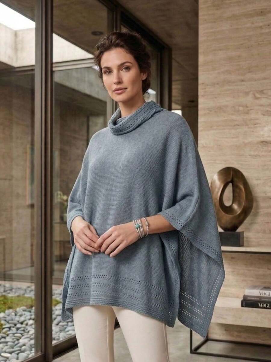 Poncho Capa Feminino Tricô Rendado Casaco Gola Alta Casual Manga Capa Aberta Moda Outono Inverno