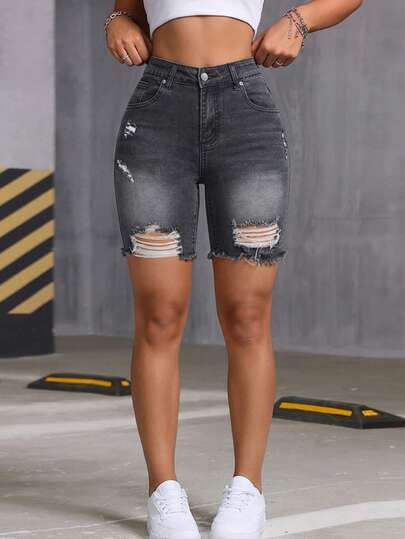 Pantalones cortos vaqueros vintage con lavado gris desgastado - Longitud hasta mitad del muslo con dobladillo crudo, pantalones cortos de denim urbanos