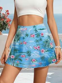 Women Summer Mini Skirt Hawaiian Floral Print Blue Sky Palm Tree Design Gym Activewear Mini Skirts For - 彩色 - 查看 1