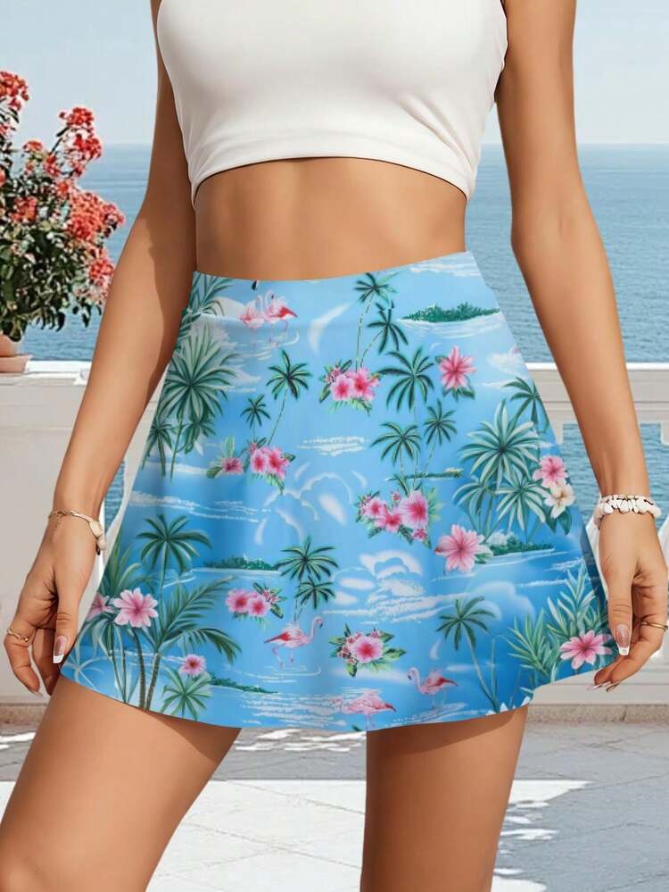 Women Summer Mini Skirt Hawaiian Floral Print Blue Sky Palm Tree Design Gym Activewear Mini Skirts For - 彩色 - 查看 1