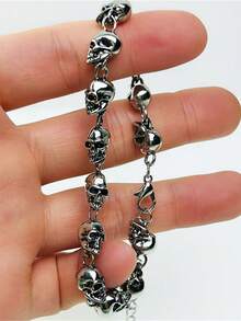 1 chiếc vòng tay dây xích hình đầu lâu phong cách Gothic Punk, trang sức trang trí Halloween dành cho nữ. - Màu Bạc Cổ - Xem 2
