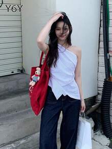 [Y6Y] 女士不对称肩条纹上衣 | 休闲度假风收腰女士上衣 白色夏季 - 白色 - 查看 1