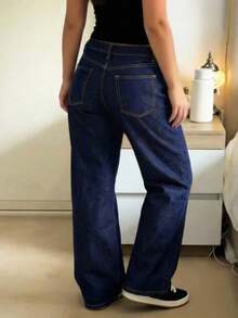 Women's Loose Low Waist Wide Leg Jeans, Vintage Distressed Streetwear Y2K Campus Style Casual Spring - 深色洗水 2 - 查看 3