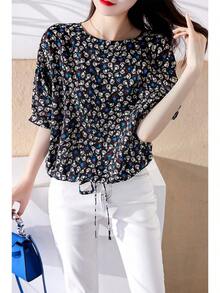 MISU 2026 Summer Vacation Daily Retro Floral Round Neck Bat Sleeve Loose Top - Màu sắc hình ảnh - Xem 3
