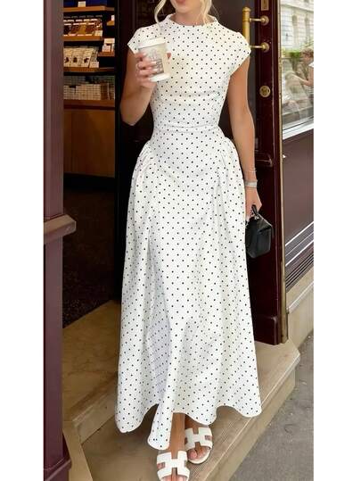 女士优雅波点印花短袖连衣裙，适合约会和生日等场合