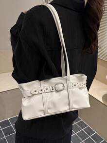Retro Large Capacity Shoulder Bag, Fashionable Versatile Commuter Tote - White - View 2