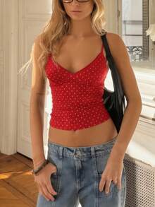 Women Polka Dot Spaghetti Strap Tank Tops Y2K Fairycore Lace Trim Corset Camisole V Neck Slim Cami Tops Cute Lace Trim Crop Tops For Summer Going Out Tops Sweet T-Shirt Casual Streetwear - Chấm bi đỏ trắng - Xem 2