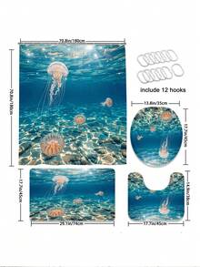 1/3/4件套深海水母印花浴帘浴室套装,海洋生物风格浴室窗帘,防水耐用现代家居浴室装饰浴帘,72英寸*72英寸浴室隔断浴帘,包含12个挂钩,浴室配件 - 包括马桶盖、浴垫和地毯,采用涤纶面料 - 可水洗,适用于家庭浴室/酒店/度假租赁/西式浴室/水族馆/房车深海风格浴室装饰,四季皆宜,公寓必备,乔迁礼物,母亲节礼物 - 水母 - 查看 3