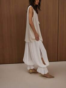 Women Baggy Balloon Long Pants Y2K Bubble Pleated Oversized Bloomers Elastic High Waist Wide Leg Lantern Harem Pants For Summer - 白色 - 查看 4