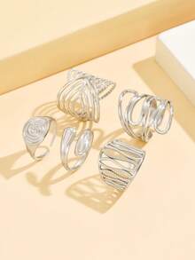 5pcs/Set Elegant Wide-Band Multi-Element Stainless Steel Rings, Versatile Hollow Geometric Asymmetrical Line Open Rings, 18K Gold Vacuum Plated, Waterproof, Fade-Resistant, Women Vacation Gift - Geometry - View 11