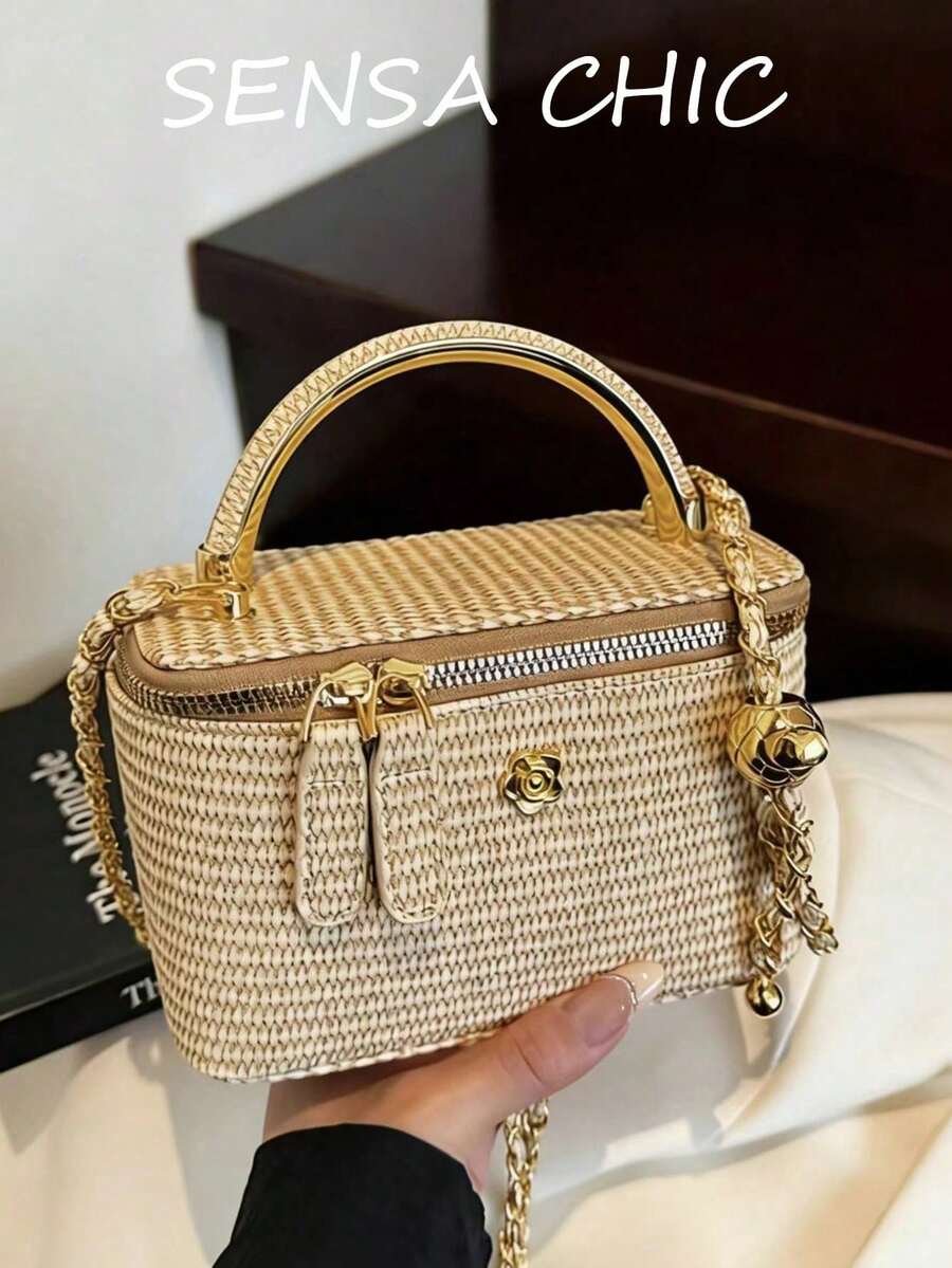 1个简约休闲百搭编织草编午餐盒包，小链条单肩斜挎包，热门季节礼物，夏季，编织包 - 卡其色 - 查看 1