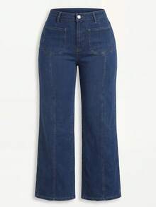 Women's Plus Size Dark Wash Non-Stretch Denim Wide Leg Pants, With Original Wash Details And Front Pockets, Long Length Casual Fall - Blue - View 9