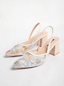 New Chinese Style White High Heel Mules, Pointed Toe Lace Embroidery Convertible Sandals For Women, Summer Shoes, Mothers Day Gift - Blue - View 4
