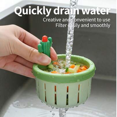 1个绿色和黄色仙人掌厨房水槽滤网，节省空间的按压式弹出篮式食物垃圾分离器，垃圾过滤器水槽排水滤网，易于清洁的耐用塑料厨房配件，实用家居小工具和万圣节装饰品