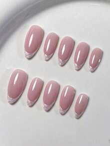 10 Pieces Of Handcrafted Press-On Short Nails, French Tip Nails, False Nails, Pink Nails, Red Nails, White Nails, Eye Nails, Cute Nails, Hand-Painted Glitter Eye French Tips, Cute And Light Luxury Style, Comes With Nail Tools, Easy To Wear And Remove, Reusable Press-On Almond Nails.Nail Supplies - 主圖款 - 查看 3