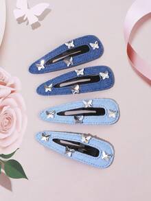 4pcs Girls Blue Jeans Hair Clips, Bling Butterfly Hairpins, Y2k Mini BB Clips, Cute Princess Hair Accessories For Girls Gifts Party Summer Vacation School - Multicolor - View 4