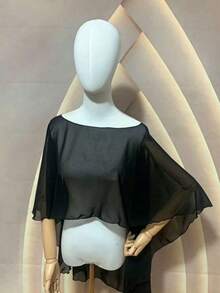 1 chiếc khăn choàng ngắn bằng chiffon dành cho cô dâu, kiểu dáng ngắn phía trước và dài phía sau, thích hợp để phối cùng váy và áo vest, phù hợp cho mùa hè, đi biển, đám cưới, lễ hội, sinh nhật. - màu đen - Xem 2