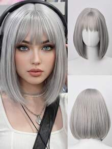 14 Inch Heat Resistant Silver Wig (Heatproof) - Short Straight Hair, Unique Silver Tone Full Wig Suitable For Retro Style - Multicolor - View 2