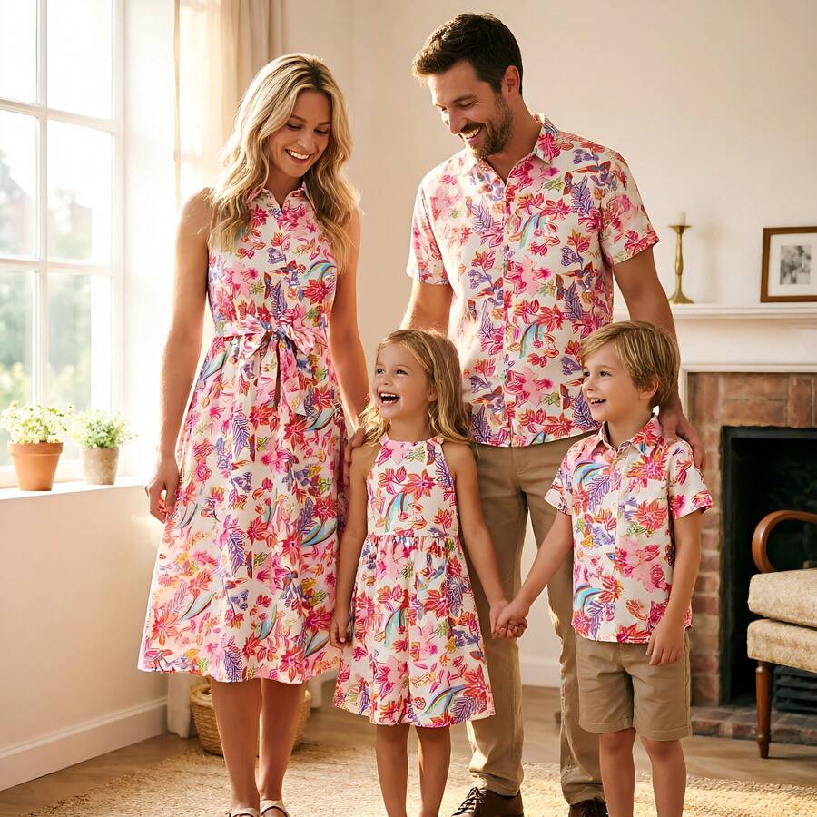 PatPat Family Matching Outfits Set Tropical Flora Print Short-Sleeve Collar Shirt Or Halter Belted Dress For Summer Vacation - Beige - View 1