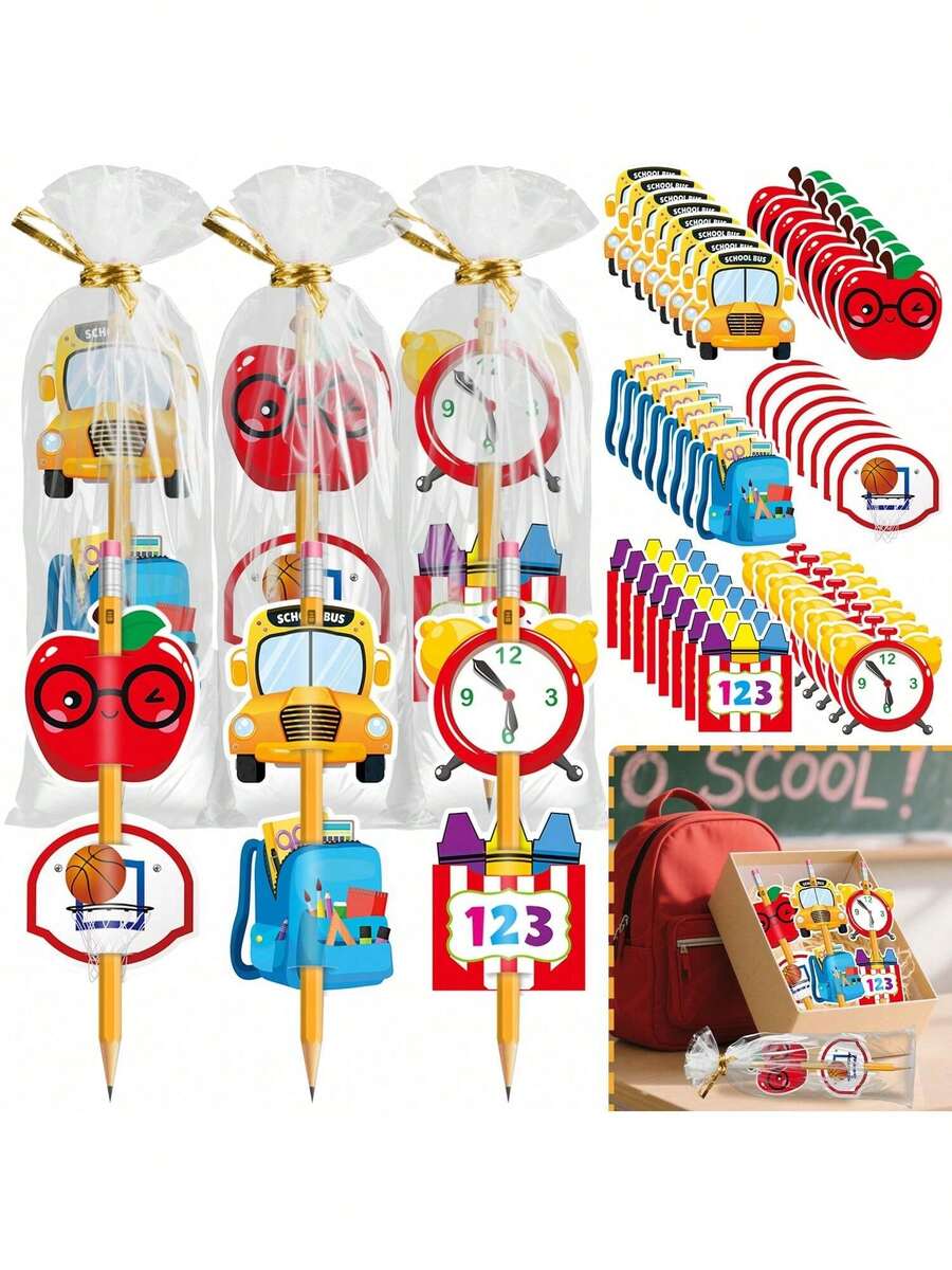 24/48 pièces Décorations de capuchons de crayon Retour à l'école avec 50 pièces de sacs cadeaux transparents. Décorations de crayons thème Retour à l'école avec réveil scolaire, pince à crayon. Décorations de crayons de dessin animé pour cadeaux, récompenses - Multicolore - Voir 1