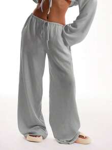 Pantalones de playa con efecto de lino con nudo delantero, elegantes para vacaciones de verano, casuales y bohemios, blancos, para aeropuerto y playa, para primavera y vacaciones - Gris - Ver 1